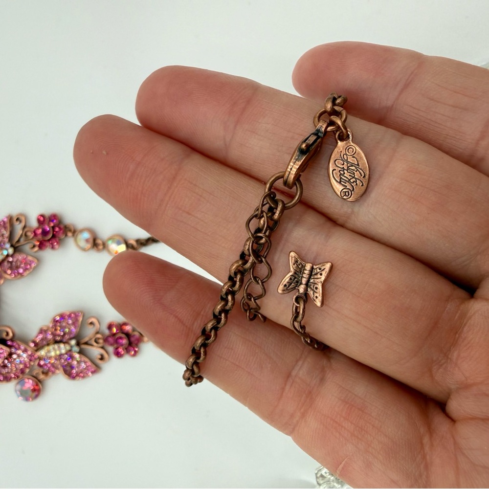 Kirks Folly Pink Butterfly Rhinestone Necklace AB Drop Signed 16”-19” whimsical - Picture 12 of 17
